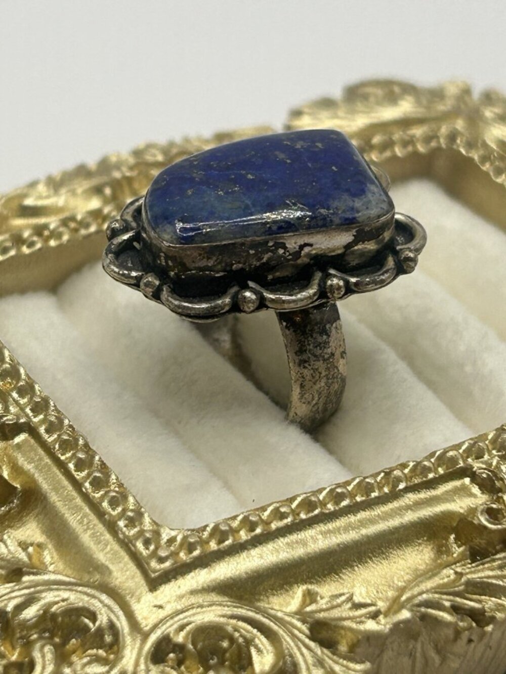 Vintage Lapis Lazuli Adjustable Ring Blue Stone Boho Statement Silver Tone Big - Picture 13 of 16